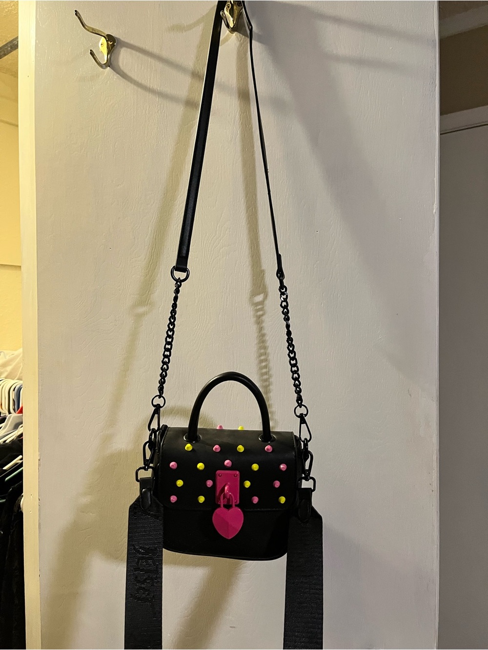 Betsey Johnson Black Mini Crossbody with Pink Heart Lock and Neon Studs